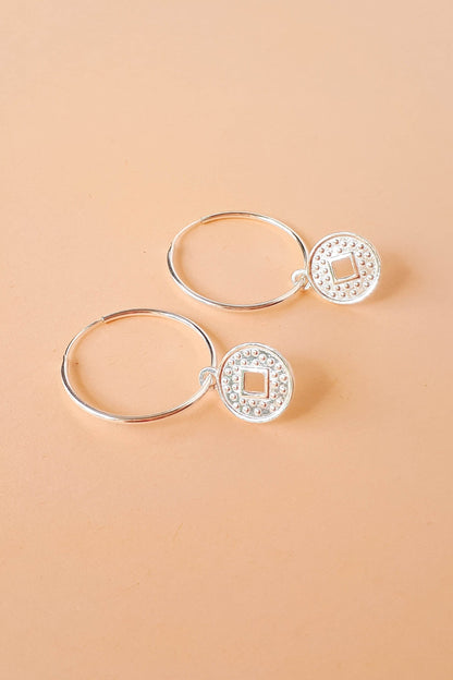 Sterling Silver Hoop Earrings with Chinese Coin Charm