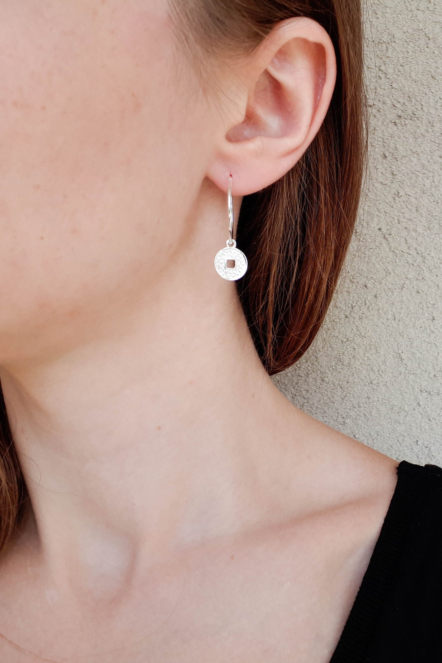 Sterling Silver Hoop Earrings with Chinese Coin Charm